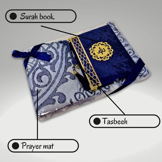 Islamisches Geschenkset (25 Surah-Koran-Booklet + Dua´s, Gebetsperlen Tasbeeh+ Gebetsteppich) Namaz muslimischer Teppich Janamaz Sajadah, ideal / Hajj/Umrah/Ramadan