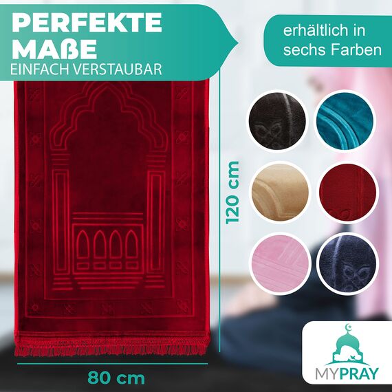 MYPRAY - Gebetsteppich - dick - 3er Set Seccade - mit Tesbih und Tasche (rubinrot)