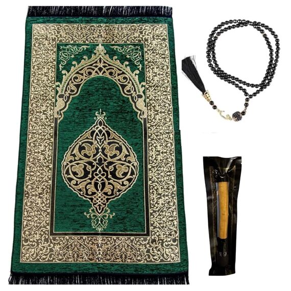 Imani Aksa Geschenkbox -Muslimische Islamicher Geschenke mit Gebetsteppich, Misvak und Gebetskette- Seccade- Gebetsteppich-Prayer Rug- Sajadah- Islamischen-Namaz- Janamaz- Islam (Grün)