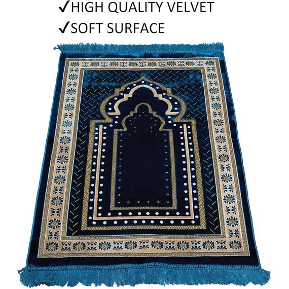 TB Muslimische Gebetsteppich, dick, islamisch, weiche Samt-Matte, Ramadan-Geschenk, mit Gebetsperle, einzigartige Dekoration, goldfarben, bestickt für Frauen, Männer, türkisch, afrikanisch (blau)