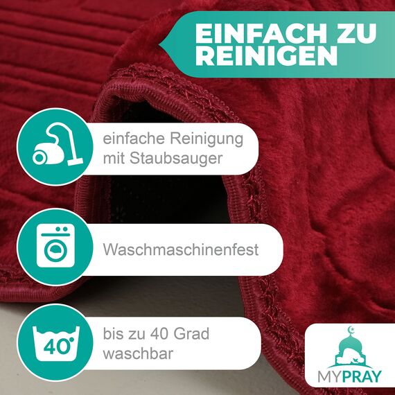 MYPRAY - Gebetsteppich - dick - 3er Set Seccade - mit Tesbih und Tasche (rubinrot)