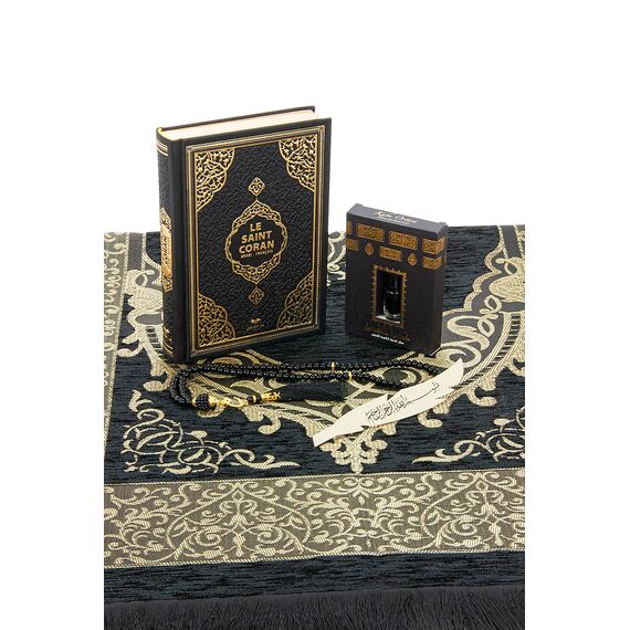 Ihvan Online Gebetsset für Hajj und Umrah - Muslimischer Gebetsteppich, Taasbih, Heiliger Koran auf Französisch, Salah Janamaz - Geschenkset