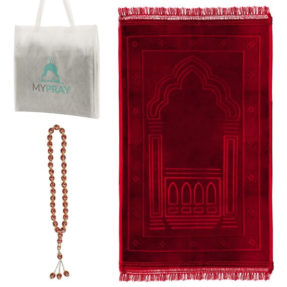 MYPRAY - Gebetsteppich - dick - 3er Set Seccade - mit Tesbih und Tasche (rubinrot)