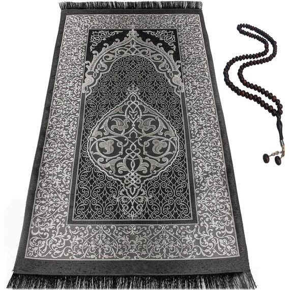 Muslimische Gebetsteppich, Islamische türkische Gebetsteppiche, Tolle Ramadan-Geschenke, Gebetsteppich Muslimische für Frauen und Männer, Islamteppich Tragbare, Geschenk Gebetskette 99 (Grau)