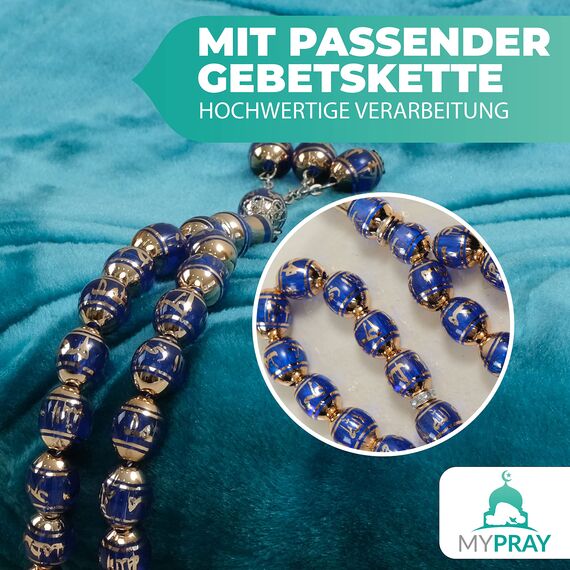 MYPRAY - Gebetsteppich - dick - 3er Set Seccade - mit Tesbih und Tasche (türkisblau)