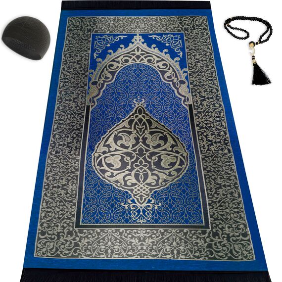 Kapobia Muslimische Gebetsteppich Gebetskette Kufi Hut für Männer und Frauen 100% atmungsaktiv schwarz Schädel Beanie Traditionelle Desing Gebetsteppich Eid Ramadan Geschenke Islamisches Set Salah
