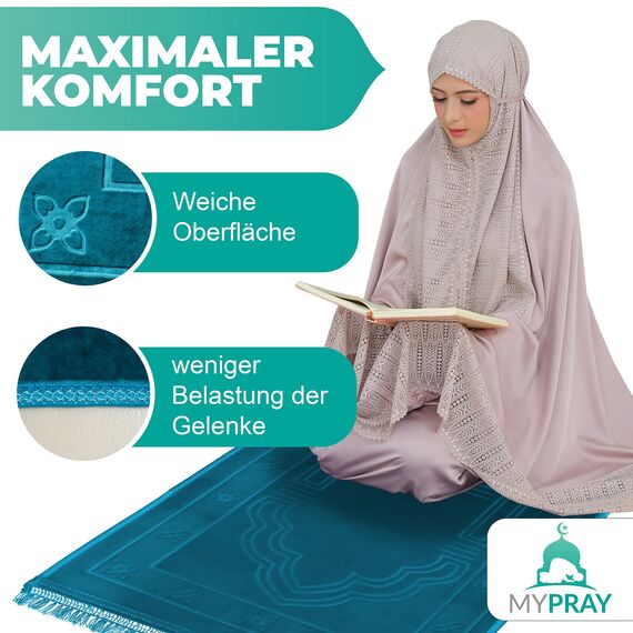 MYPRAY - Gebetsteppich - dick - 3er Set Seccade - mit Tesbih und Tasche (türkisblau)