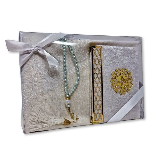 Islamisches Geschenkset (Koranheft, Gebetskette Tasbeeh + Gebetsteppich) Namaz Orientalischer muslimischer Teppich Janamaz Sajadah, ideales Hajj Umrah Ramadan Eid Hochzeit Niqah Geschenk (weiß)
