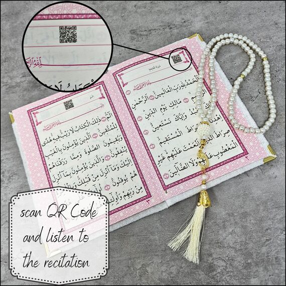 Islamisches Geschenkset (Koranheft, Gebetskette Tasbeeh + Gebetsteppich) Namaz Orientalischer muslimischer Teppich Janamaz Sajadah, ideales Hajj Umrah Ramadan Eid Hochzeit Niqah Geschenk (weiß)