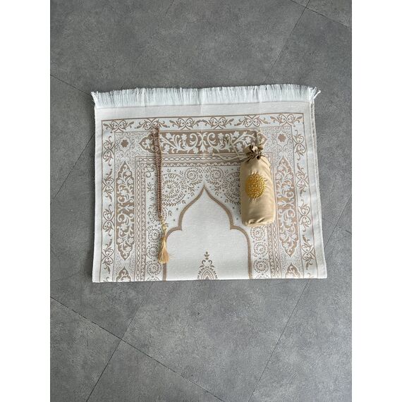 SAQENZA Gebetsteppich Muslimischer Gebetsteppich Tragbare Gebetsmatte Reisetasche und Gebetskette Perfektes islamisches Geschenk für Männer Frauen Kinder (Gold)