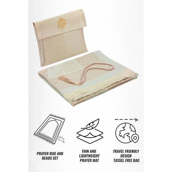ihvan online Muslimischer Gebetsteppich und Perlen Mit Eleganter Tragbar Stoff Tasche, Janamaz, Sajjadah, Weiche Islamischen Gebetsteppich, Islamische Geschenke, Gebet Teppich Matte, Taft Stoff, Gold