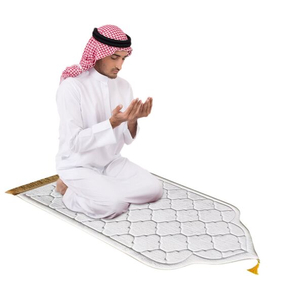 Angaekkot Muslimischer Gebetsteppich - Tragbarer Reise Flanell Teppich Mit Quasten - Weicher Islamischer Teppich Für Frauen Männer - Gebetsmatte Islamisches Geschenk (Weiß)