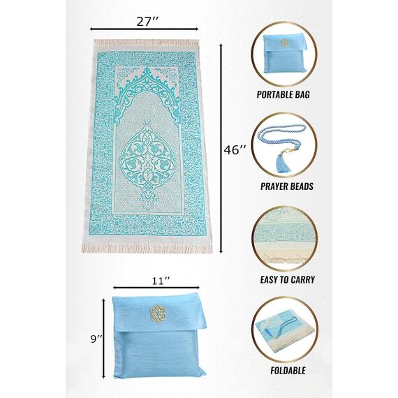 ihvan online Muslimischer Gebetsteppich und Perlen Mit Eleganter Tragbar Stoff Tasche, Janamaz, Sajjadah, Weiche Islamischen Gebetsteppich, Islamische Geschenke, Gebet Teppich Matte, Taft Stoff Blau