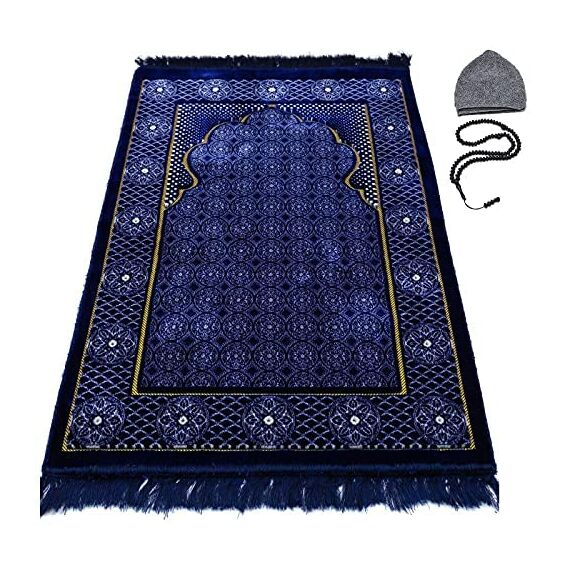 Modefa Türkischer isischer Islamischer Gebetsteppich, traditioneller muslimischer Janamaz Sajada, Plüschsamt, Gebetsteppich, Teppich für Damen und Herren, Ramadan oder Eid Geschenk, inklusive Kufi-Kappe und Perlen, Blumenstempel Ipek, Blau 2