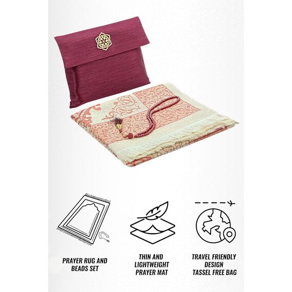 ihvan online Muslimischer Gebetsteppich und Perlen Mit Eleganter Tragbar Stoff Tasche, Janamaz, Sajjadah, Weiche Islamischen Gebetsteppich, Islamische Geschenke, Gebet Teppich Matte Taft Stoff Burgund