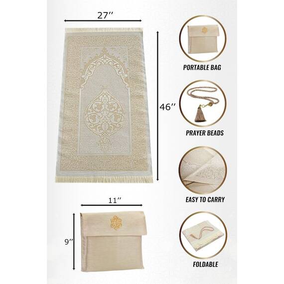 ihvan online Muslimischer Gebetsteppich und Perlen Mit Eleganter Tragbar Stoff Tasche, Janamaz, Sajjadah, Weiche Islamischen Gebetsteppich, Islamische Geschenke, Gebet Teppich Matte, Taft Stoff, Gold