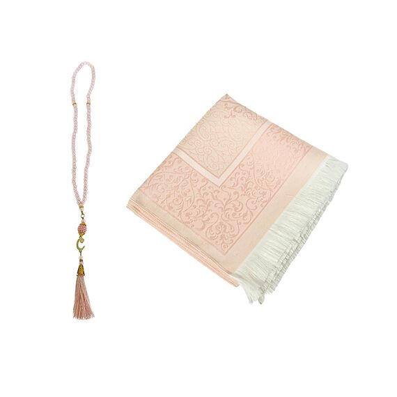 Prien Gebetsteppich Muslim mit Tesbih | Seccade mit Gebetskette | Gebetsmatte Islam für Frauen | Islamische Teppich Geschenke Set für Männer | Prayer Mat Geschenk Gebet Ramadan Namazlik (Puderrosa)