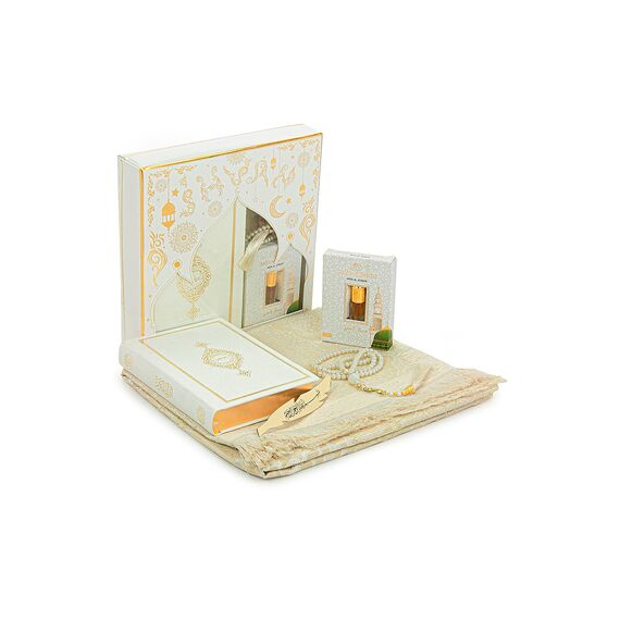 Online Gebetsgeschenk-Set für Männer & Frauen Salat-Matte, Perlen Taasbih, islamisches Geschenk für Ramadan & Eid, Weiß