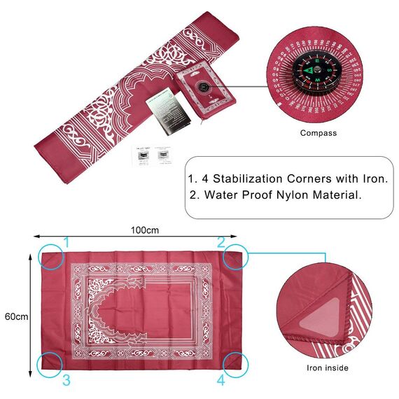 hitopin tragbar Wasserdicht Muslim Gebet Matte Rot Farbe Light andprayer Teppich mit Kompass muslimischer Gebetsteppich Qibla-Finder und Booklet