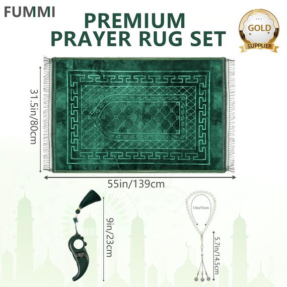 FUMMI Weich gepolsterter muslimischer Gebetsteppich mit Tasbih-Perlen, dicker, rutschfester islamischer Gebetsteppich, luxuriöser Janamaz, für Damen und Herren, Grün
