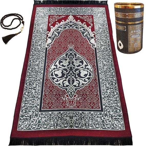 Prayeristan Muslimischer Gebetsteppich,Gebetsteppich mit Geschenk Gebetskette & Spezieller Kaaba-Box,Tragbare & Reise Gebetsteppich,Ramadan & Islamische Geschenke (Klarett Rot)