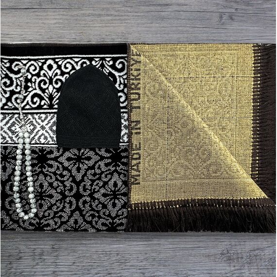 ESERRA Samt-Gebetsteppich, All-in-One-Set für den Islam, dicker muslimischer Gebetsteppich, schwarzer Kufi-Hut, Jaspisstein, 33 Gebetsperlen, Baumwoll-Reiseetui, islamische Geschenke (dunkelbraun)