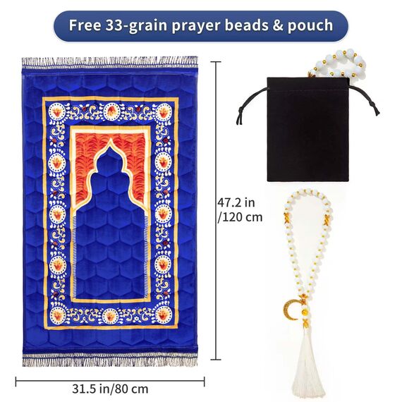 YAZEIN Gebetsteppich, muslimische Matte, islamisch, gepolstert, sehr dick, Gebetsteppich, Sajadah für Männer und Frauen, mit islamischen Gebetsperlen, weich und luxuriös (80 x 119,9 cm, Königsblau)