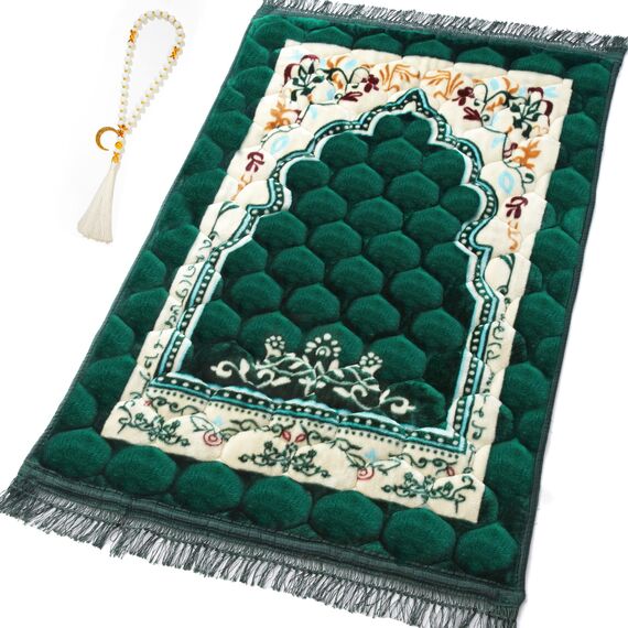 YAZEIN Muslimischer Gebetsteppich mit Tasbih-Gebetsperlen, weich, groß, matt, Islam, gepolstert, islamisch, Gebetsteppich, dick für Männer und Frauen, Janamaz, Sajadah (80 x 119,9 cm, Grün)