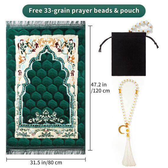 YAZEIN Muslimischer Gebetsteppich mit Tasbih-Gebetsperlen, weich, groß, matt, Islam, gepolstert, islamisch, Gebetsteppich, dick für Männer und Frauen, Janamaz, Sajadah (80 x 119,9 cm, Grün)
