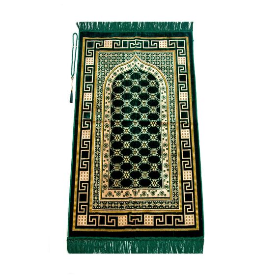 ihvan online Luxus Samt Muslimischer Gebetsteppich mit Gebetskette | Janamaz | Sajjadah | Weiche islamischen Gebetsteppich | Islamische Geschenke | Gebet Teppich Matte, Samt, Stoff, Grün