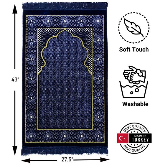 Modefa Türkischer isischer Islamischer Gebetsteppich, traditioneller muslimischer Janamaz Sajada, Plüschsamt, Gebetsteppich, Teppich für Damen und Herren, Ramadan oder Eid Geschenk, inklusive Kufi-Kappe und Perlen, Blumenstempel Ipek, Blau 2