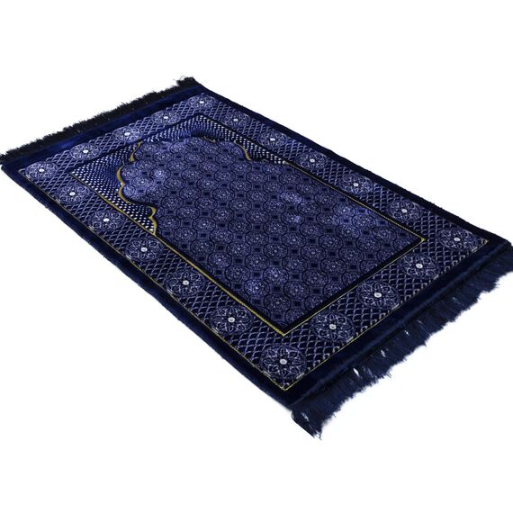 Modefa Türkischer isischer Islamischer Gebetsteppich, traditioneller muslimischer Janamaz Sajada, Plüschsamt, Gebetsteppich, Teppich für Damen und Herren, Ramadan oder Eid Geschenk, inklusive Kufi-Kappe und Perlen, Blumenstempel Ipek, Blau 2