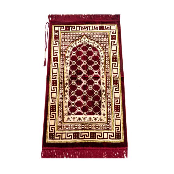ihvan online Luxus Samt Muslimischer Gebetsteppich mit Gebetskette | Janamaz | Sajjadah | Weiche islamischen Gebetsteppich | Islamische Geschenke | Gebet Teppich Matte, Samt, Stoff, Rot