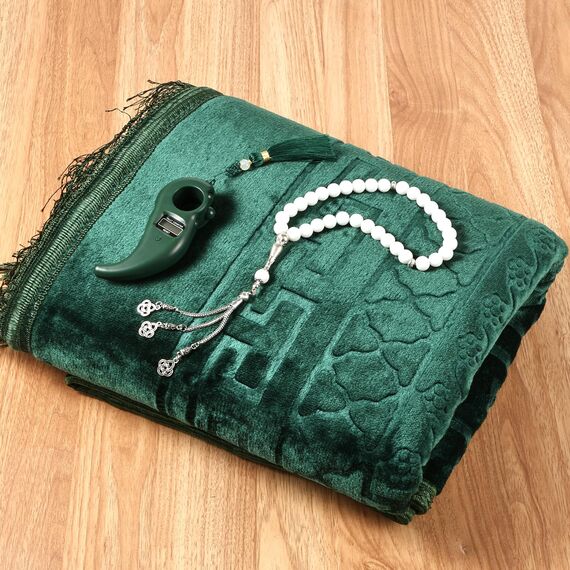 FUMMI Weich gepolsterter muslimischer Gebetsteppich mit Tasbih-Perlen, dicker, rutschfester islamischer Gebetsteppich, luxuriöser Janamaz, für Damen und Herren, Grün