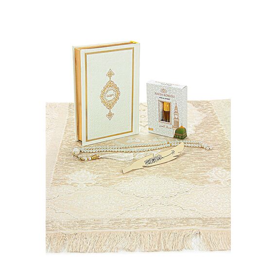 Online Gebetsgeschenk-Set für Männer & Frauen Salat-Matte, Perlen Taasbih, islamisches Geschenk für Ramadan & Eid, Weiß
