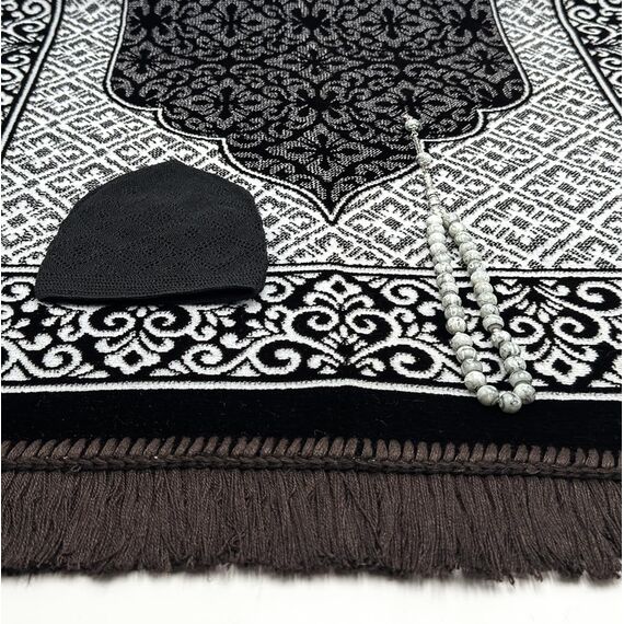 ESERRA Samt-Gebetsteppich, All-in-One-Set für den Islam, dicker muslimischer Gebetsteppich, schwarzer Kufi-Hut, Jaspisstein, 33 Gebetsperlen, Baumwoll-Reiseetui, islamische Geschenke (dunkelbraun)