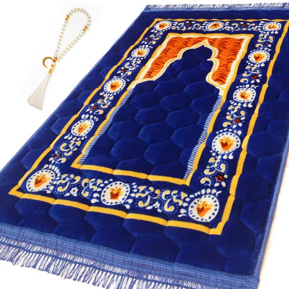 YAZEIN Gebetsteppich, muslimische Matte, islamisch, gepolstert, sehr dick, Gebetsteppich, Sajadah für Männer und Frauen, mit islamischen Gebetsperlen, weich und luxuriös (80 x 119,9 cm, Königsblau)