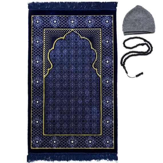 Modefa Türkischer isischer Islamischer Gebetsteppich, traditioneller muslimischer Janamaz Sajada, Plüschsamt, Gebetsteppich, Teppich für Damen und Herren, Ramadan oder Eid Geschenk, inklusive Kufi-Kappe und Perlen, Blumenstempel Ipek, Blau 2