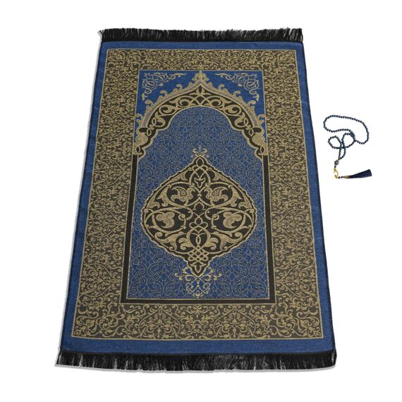 SUMELA Muslimischer Gebetsteppich - Muslimische Gebetsteppich im traditionellen Stil, dick gepolstert, 99 Gebetsperlen, für Männer, Frauen und Kinder, Gebetsperle (Marineblau)