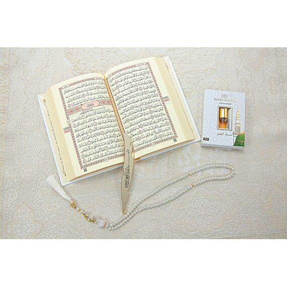 Online Gebetsgeschenk-Set für Männer & Frauen Salat-Matte, Perlen Taasbih, islamisches Geschenk für Ramadan & Eid, Weiß