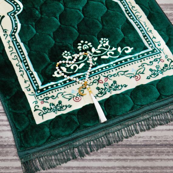 YAZEIN Muslimischer Gebetsteppich mit Tasbih-Gebetsperlen, weich, groß, matt, Islam, gepolstert, islamisch, Gebetsteppich, dick für Männer und Frauen, Janamaz, Sajadah (80 x 119,9 cm, Grün)
