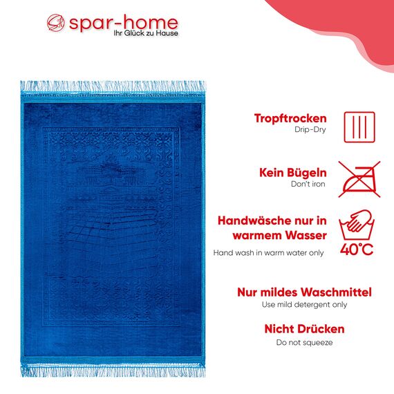 spar-home Dicker Stoff Gebetsteppich – Weiche Gebetsmatte für Salah Beten Klein Teppich für Erwachsene Frauen und Kinder Ideal als Badematte (Blau)
