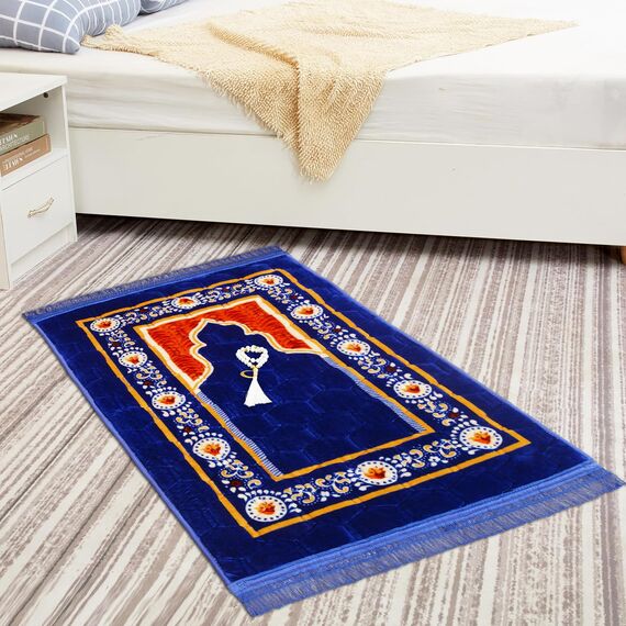 YAZEIN Gebetsteppich, muslimische Matte, islamisch, gepolstert, sehr dick, Gebetsteppich, Sajadah für Männer und Frauen, mit islamischen Gebetsperlen, weich und luxuriös (80 x 119,9 cm, Königsblau)
