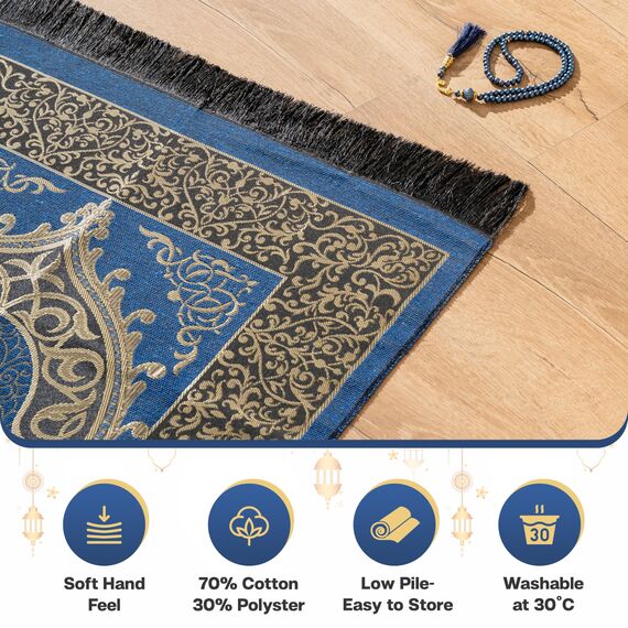 SUMELA Muslimischer Gebetsteppich - Muslimische Gebetsteppich im traditionellen Stil, dick gepolstert, 99 Gebetsperlen, für Männer, Frauen und Kinder, Gebetsperle (Marineblau)