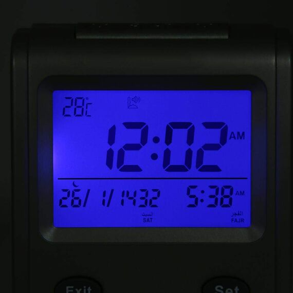 Pssopp Muslimische Azan Gebetsuhr Islamische Azan Wecktischuhr Digitale hintergrundbeleuchtete LCD Azan Uhr Gebetszeiterinnerung mit Uhrzeit, Datum, Woche und gregorianischer Kalenderanzeige