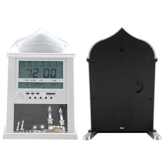 Muslimischer Gebetswecker mit LCD Display, Automatische Zeitberechnung, 1500 Städte, AZAN Erinnerung, Hijri Kalender, Temperaturanzeige, Snooze Funktion, 210x27x325mm, Silber, Wand- und Tischmontage