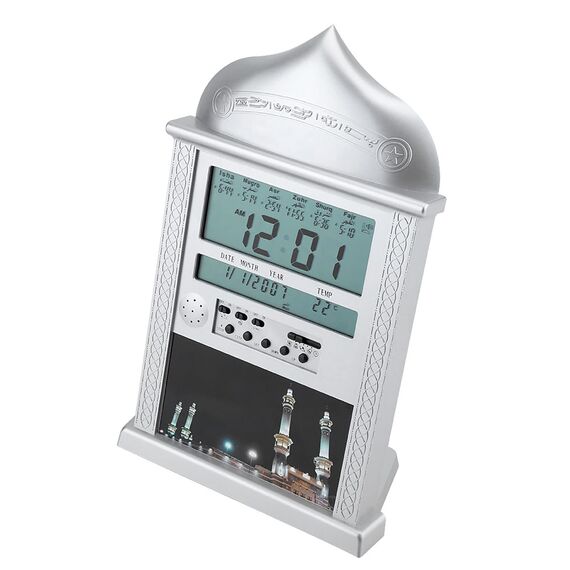 Muslimischer Gebetswecker mit LCD Display, Automatische Zeitberechnung, 1500 Städte, AZAN Erinnerung, Hijri Kalender, Temperaturanzeige, Snooze Funktion, 210x27x325mm, Silber, Wand- und Tischmontage