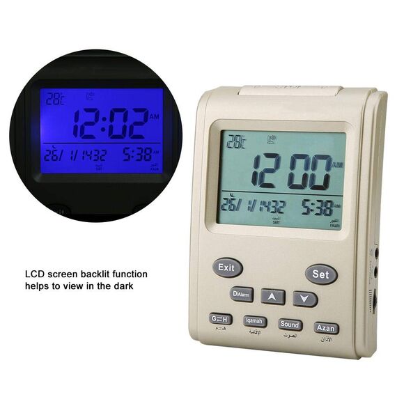 Pssopp Muslimische Azan Gebetsuhr Islamische Azan Wecktischuhr Digitale hintergrundbeleuchtete LCD Azan Uhr Gebetszeiterinnerung mit Uhrzeit, Datum, Woche und gregorianischer Kalenderanzeige