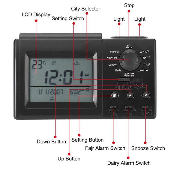 LiebeWH Islamischer Azan-Wecker, Azan-Uhr, Gebetsuhr, Muslimische Azan-Tisch-Gebetsuhr HA-3006, Schwarze Farbe, Digitaler Muslimischer Gebetsalarm, Athan Islam für