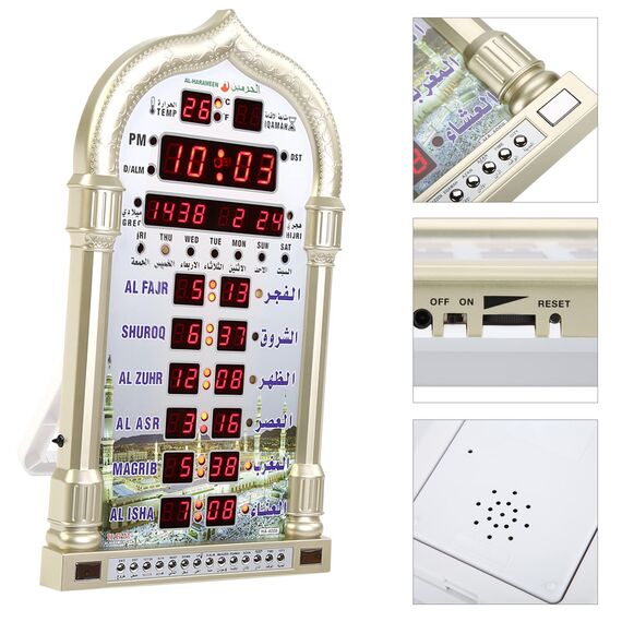 Muslimische Azan-Betten-Uhr für Moscheen, automatische digitale Gebetszeit Alarm-Erinnerung mit intelligenter Fernbedienung, Wanduhr für Zuhause, Masjid, Ramadan (EU-Stecker)